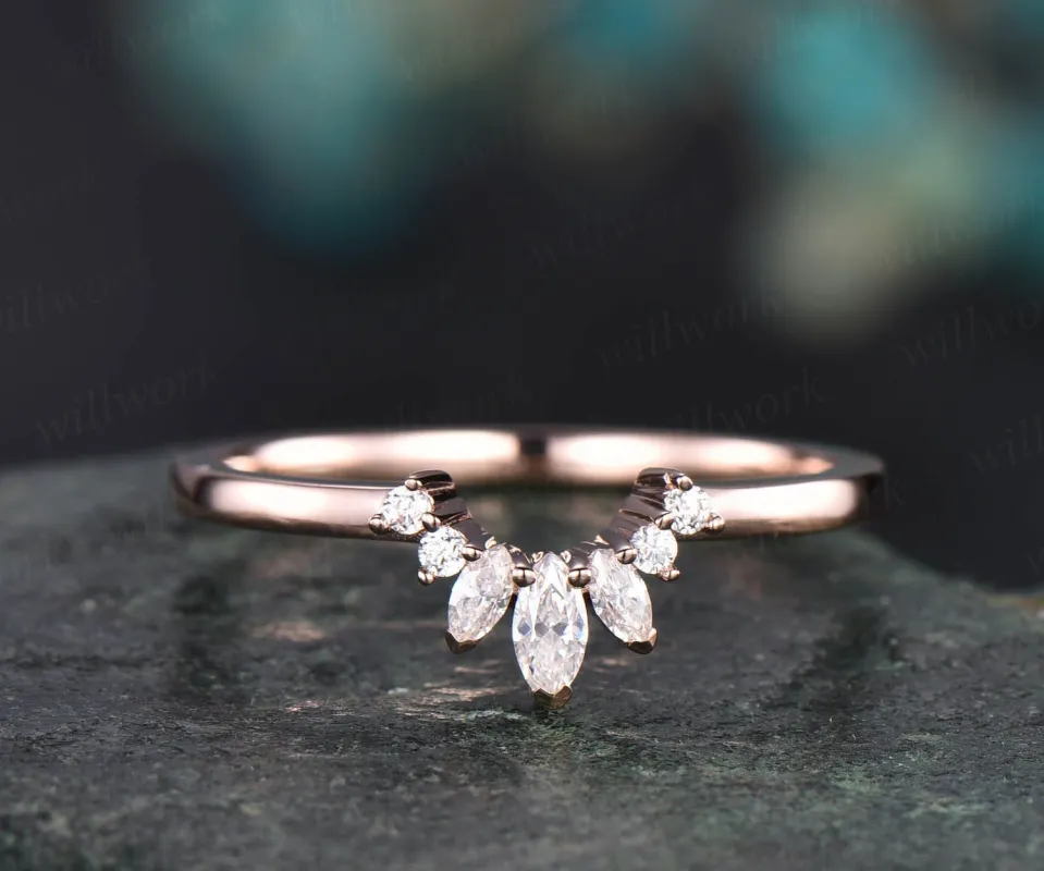 Vintage unique art deco Marquise moissanite wedding ring curved crown moissanite wedding band 14k rose gold anniversary gift custom jewelry sold by Willwork Jewelry