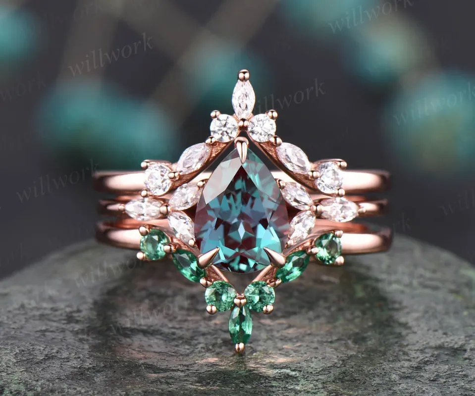 2pcs Alexandrite engagement ring set vintage marquise emerald moissanite ring for women rose gold ring dainty jewelry wedding ring set gift sold by Willwork Jewelry