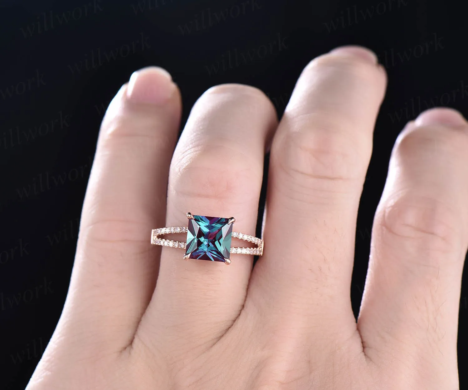 Unique princess cut engagement ring vintage engagement ring Alexandrite engagement ring rose gold diamond ring wedding anniversary gift sold by Willwork Jewelry product image thumbnail 2