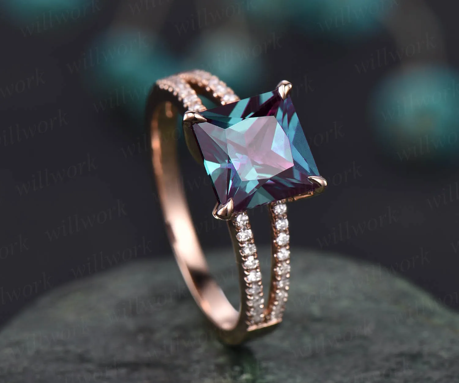 Unique princess cut engagement ring vintage engagement ring Alexandrite engagement ring rose gold diamond ring wedding anniversary gift sold by Willwork Jewelry product image thumbnail 3