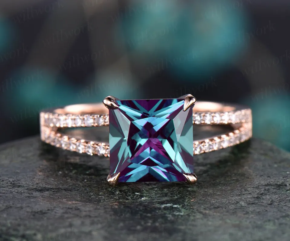 Unique princess cut engagement ring vintage engagement ring Alexandrite engagement ring rose gold diamond ring wedding anniversary gift made by Willwork Jewelry