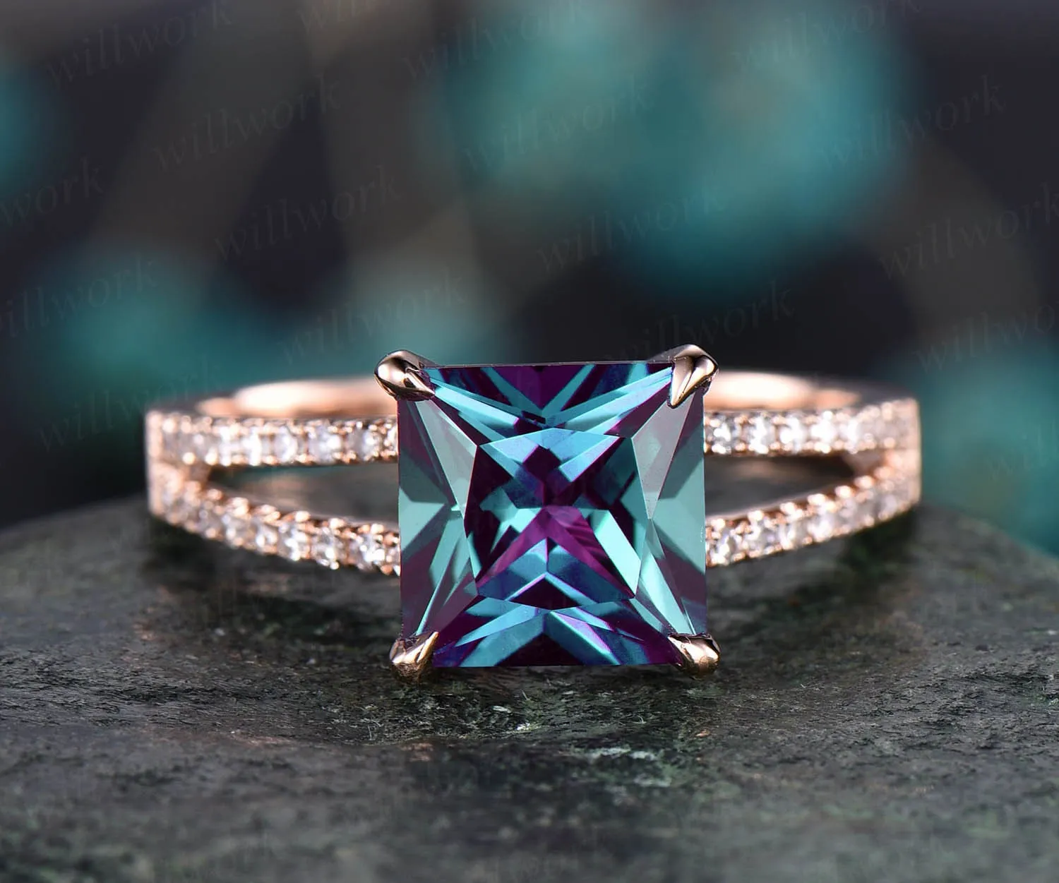 Unique princess cut engagement ring vintage engagement ring Alexandrite engagement ring rose gold diamond ring wedding anniversary gift sold by Willwork Jewelry