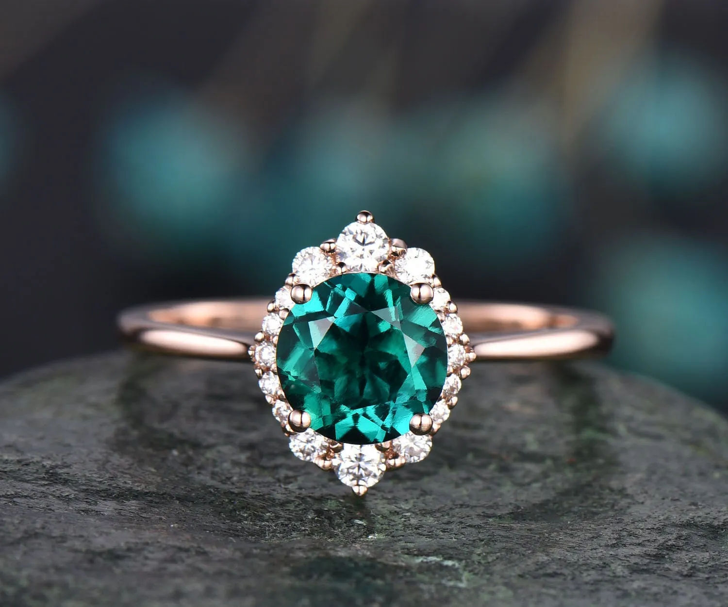 Cluster halo vintage unique engagement ring emerald engagement ring solid 14k rose gold wedding anniversary birthday gift custom jewelry sold by Willwork Jewelry product image thumbnail 3