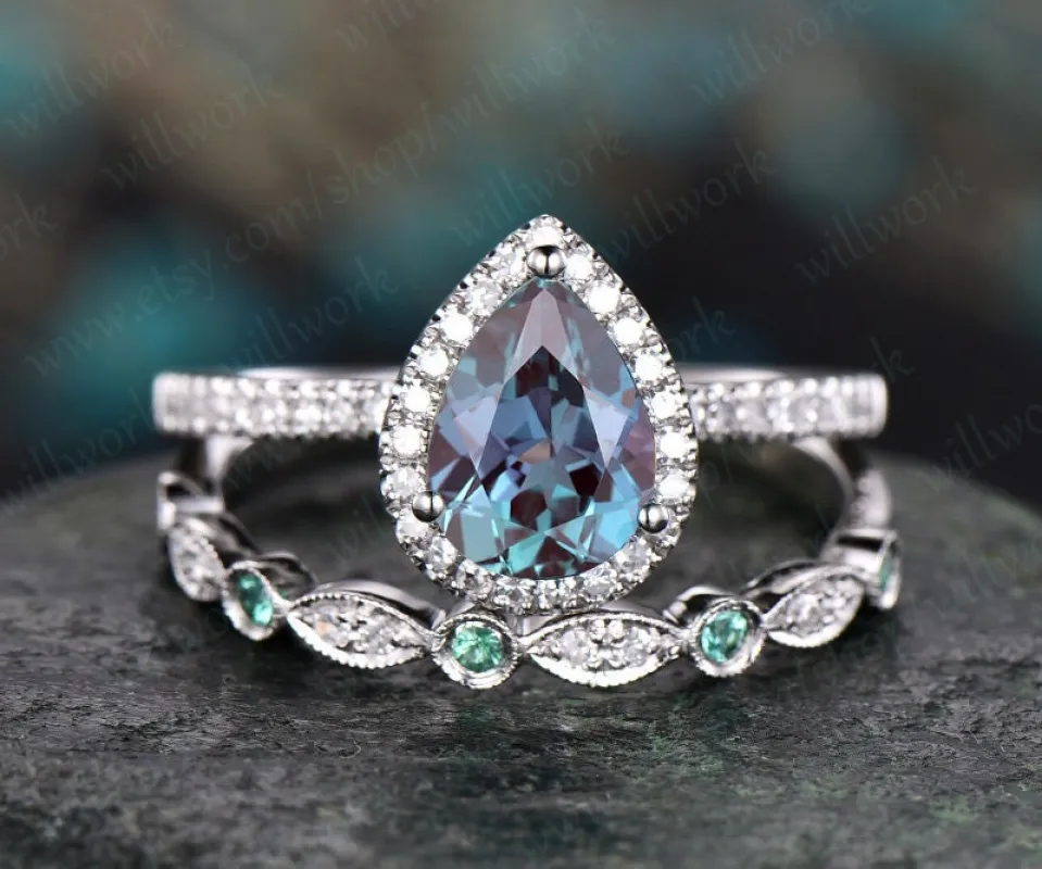 Diamond halo ring Alexandrite engagement ring set white gold natural emerald wedding bridal ring set marquise stacking matching promise ring sold by Willwork Jewelry