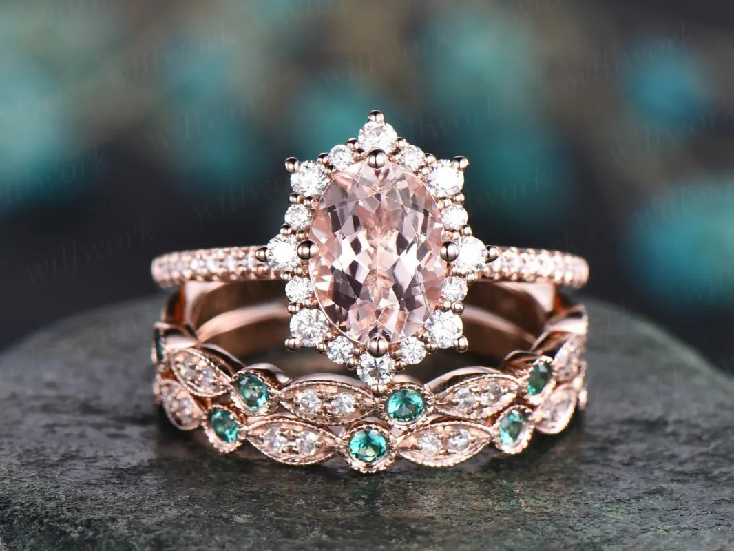 3pc Halo cluster moissanite ring natural emerald ring pink morganite engagement ring rose gold matching wedding band vintage bridal ring set made by Willwork Jewelry