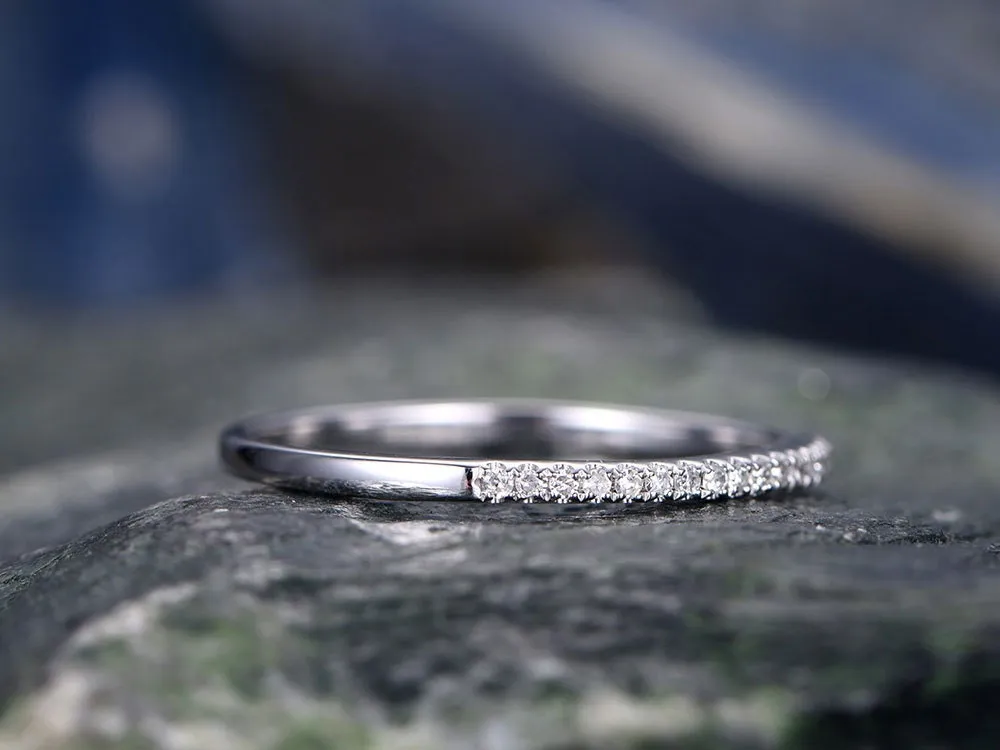 Diamond wedding ring-Solid 14k white gold -handmade diamond stacking ring-half eternity- 1mm thin Matching band-tiny round cut stones sold by Willwork Jewelry product image thumbnail 3