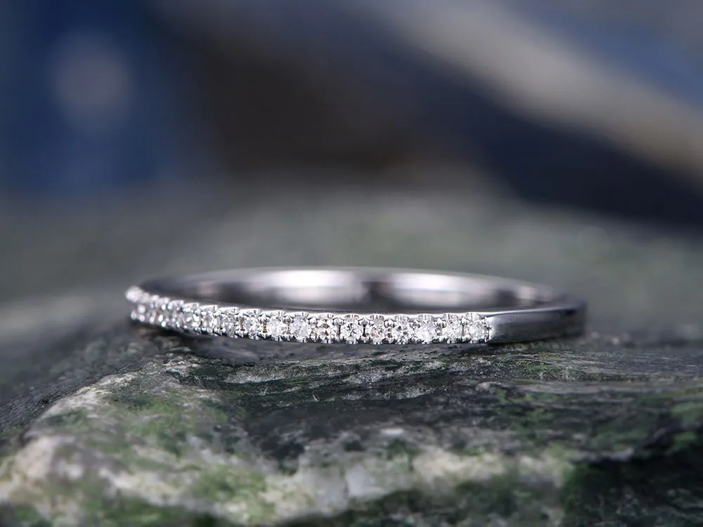 Diamond wedding ring-Solid 14k white gold -handmade diamond stacking ring-half eternity- 1mm thin Matching band-tiny round cut stones sold by Willwork Jewelry product image thumbnail 2