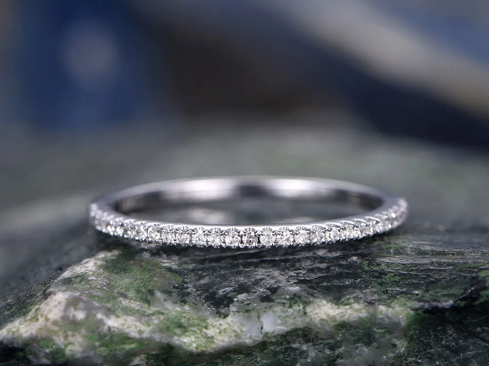 Diamond wedding ring-Solid 14k white gold -handmade diamond stacking ring-half eternity- 1mm thin Matching band-tiny round cut stones sold by Willwork Jewelry