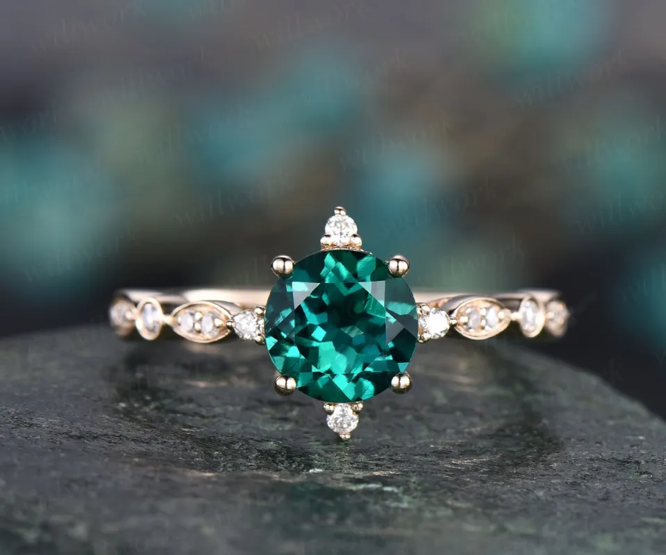 Unique vintage green emerald engagement ring 14k yellow rose gold art deco diamond ring anniversary wedding bridal gift May birthstone ring sold by Willwork Jewelry
