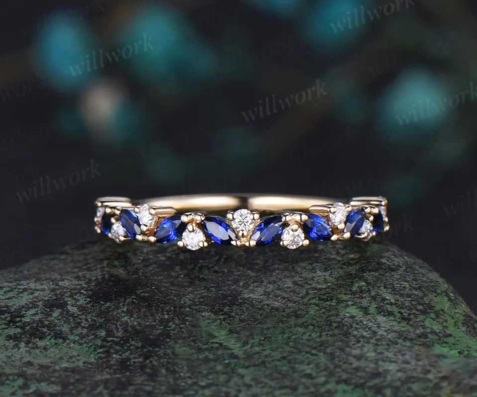 Marquise sapphire ring for women vintage solid 14k rose gold moissanite ring natural sapphire wedding band dainty jewelry bridal ring gift sold by Willwork Jewelry