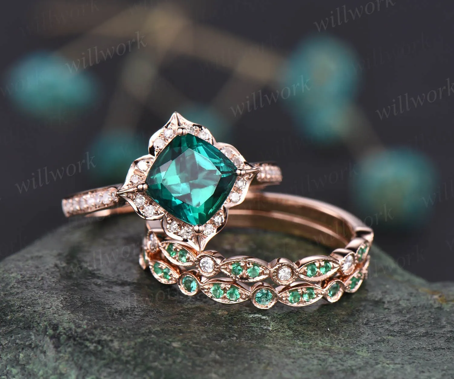 Cushion emerald engagement ring set natural emerald ring for women rose gold unique emerald wedding ring set diamond ring dainty jewelry sold by Willwork Jewelry product image thumbnail 3