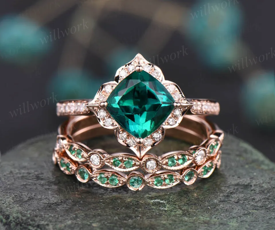 Cushion emerald engagement ring set natural emerald ring for women rose gold unique emerald wedding ring set diamond ring dainty jewelry sold by Willwork Jewelry