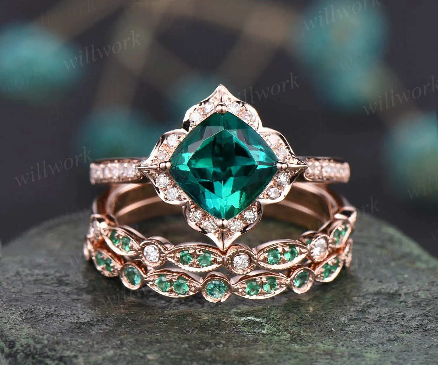 Cushion emerald engagement ring set natural emerald ring for women rose gold unique emerald wedding ring set diamond ring dainty jewelry sold by Willwork Jewelry