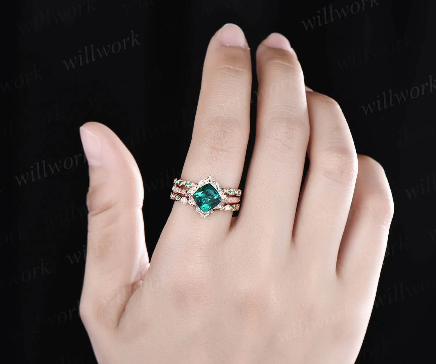 Cushion emerald engagement ring set natural emerald ring for women rose gold unique emerald wedding ring set diamond ring dainty jewelry sold by Willwork Jewelry product image thumbnail 2