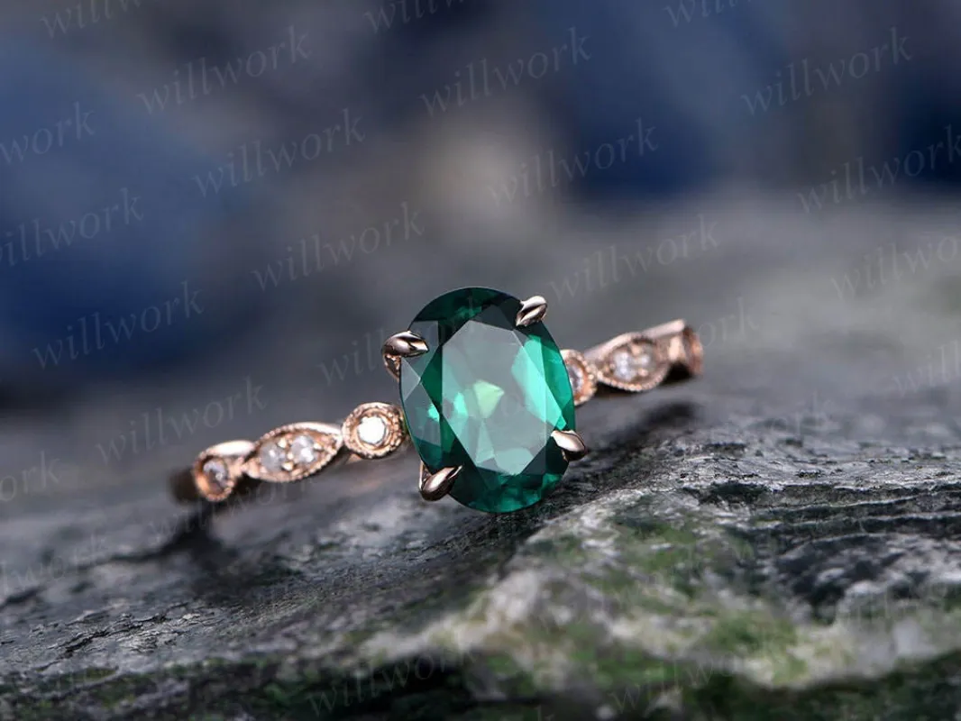 Green emerald engagement ring solid 14k rose gold 6x8mm oval cut emerald ring gold vintage art deco diamond ring bridal wedding promise ring sold by Willwork Jewelry