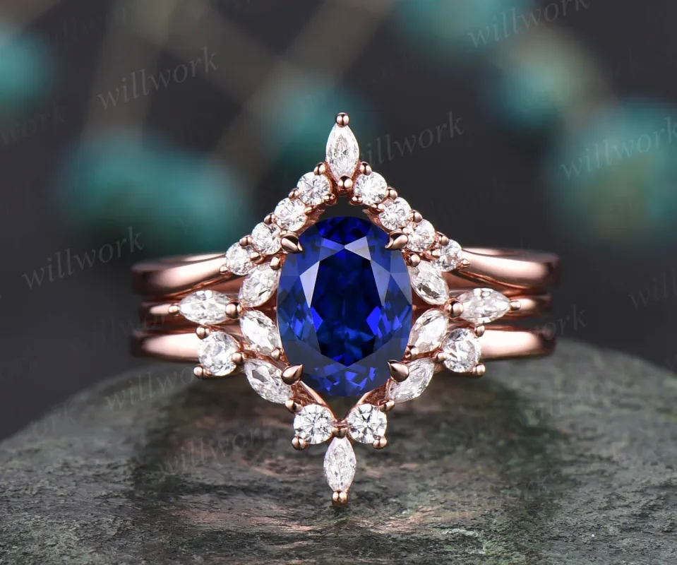2pcs sapphire engagement ring sapphire ring for women vintage rose gold unique bridal set art deco best engagement ring moissanite jewelry sold by Willwork Jewelry