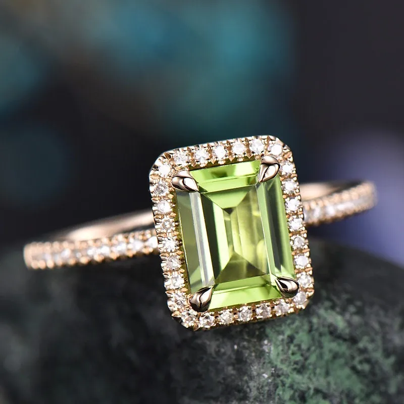 Natural peridot engagement ring 14k yellow gold-handmade halo Diamond wedding ring band 8x6mm emerald cut peridot August birthstone ring sold by Willwork Jewelry