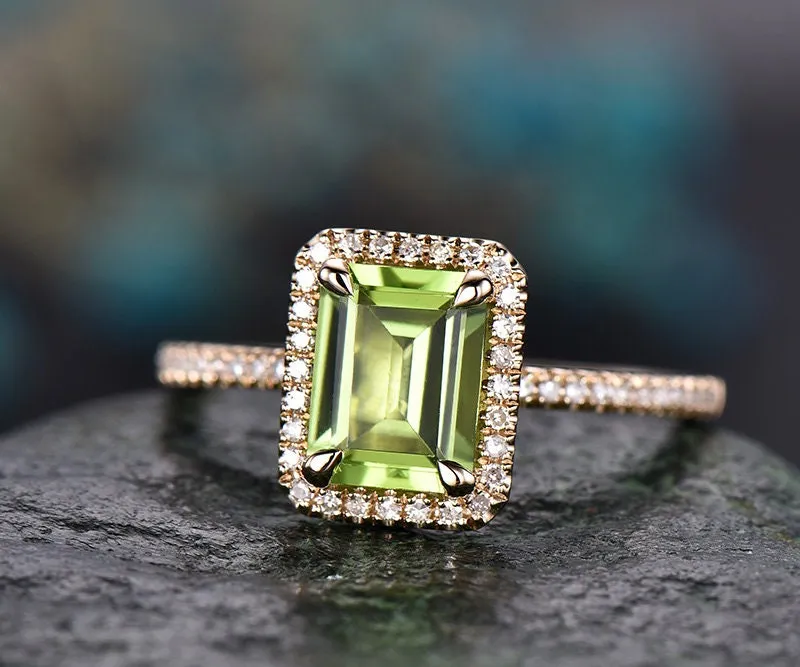 Natural peridot engagement ring 14k yellow gold-handmade halo Diamond wedding ring band 8x6mm emerald cut peridot August birthstone ring sold by Willwork Jewelry product image thumbnail 3