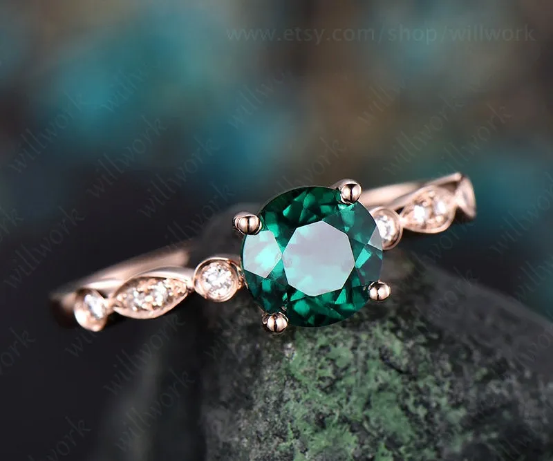 Green emerald engagement ring rose gold emerald ring gold May birthstone ring handmade vintage bridal marquise diamond wedding promise ring sold by Willwork Jewelry product image thumbnail 3