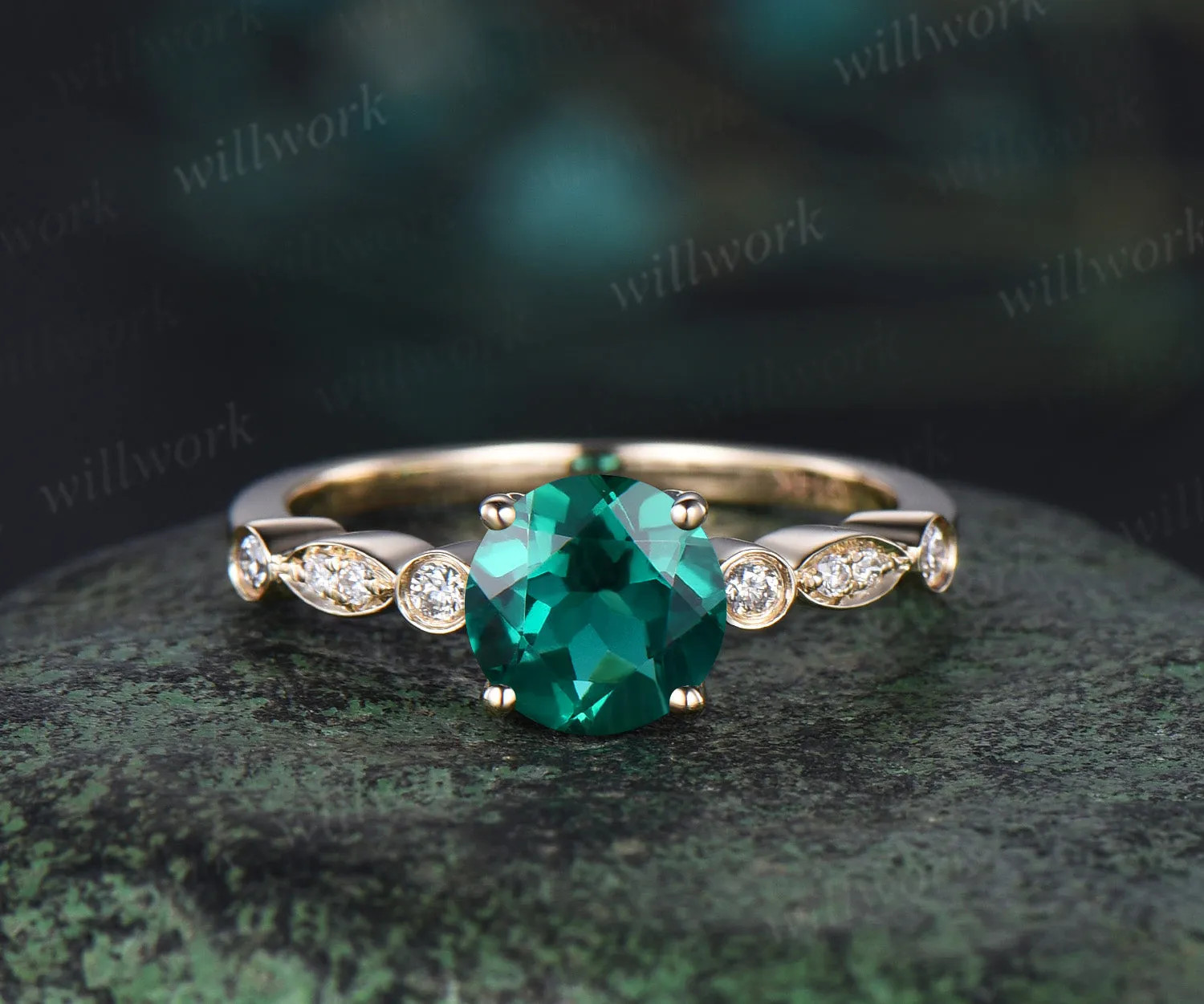 Green emerald engagement ring rose gold emerald ring gold May birthstone ring handmade vintage bridal marquise diamond wedding promise ring sold by Willwork Jewelry product image thumbnail 5