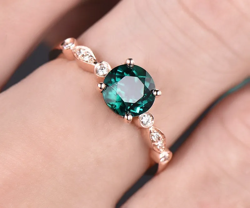 Green emerald engagement ring rose gold emerald ring gold May birthstone ring handmade vintage bridal marquise diamond wedding promise ring sold by Willwork Jewelry product image thumbnail 2