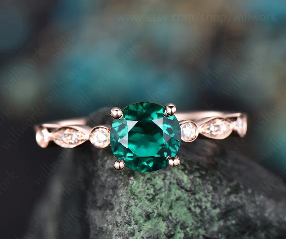 Green emerald engagement ring rose gold emerald ring gold May birthstone ring handmade vintage bridal marquise diamond wedding promise ring sold by Willwork Jewelry