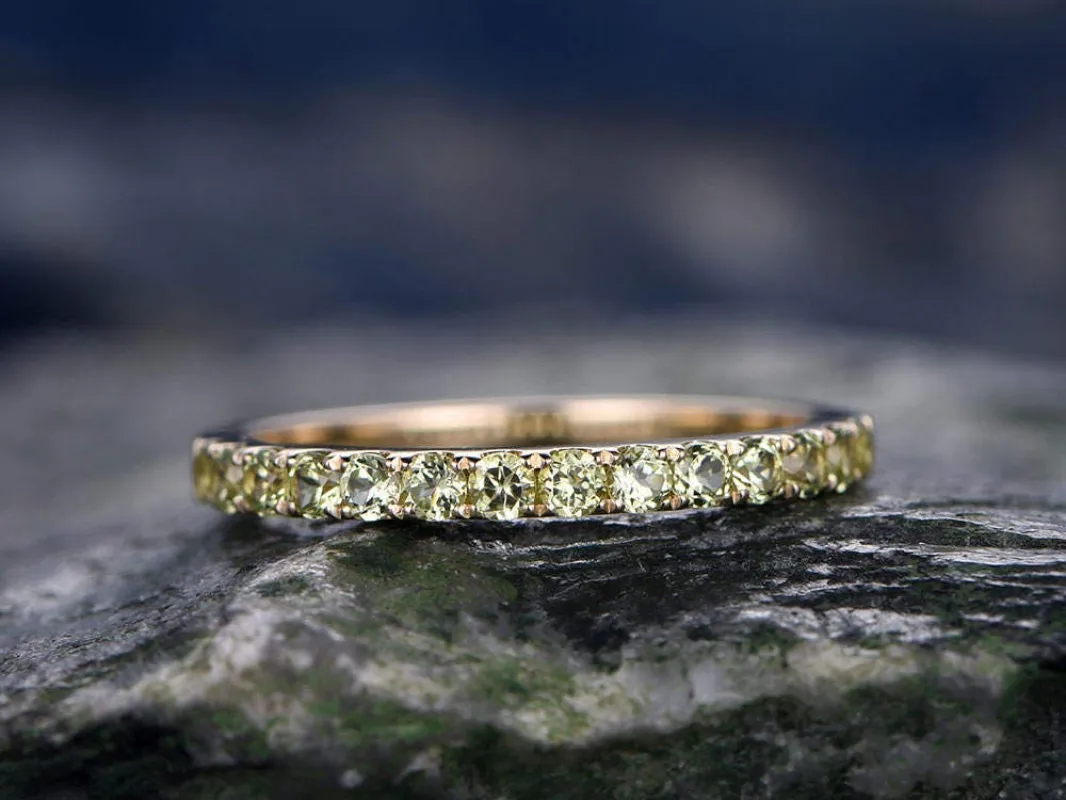 Natural Peridot wedding ring-Solid 14k yellow gold-handmade Fine ring-Half eternity band-2mm Matching band-birthstone promise ring made by Willwork Jewelry