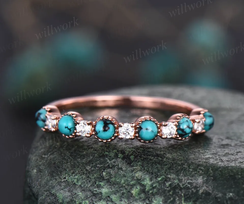 Turquoise wedding ring turquoise wedding band Turquoise ring rose gold vintage moissanite ring women half eternity annniversary bridal ring sold by Willwork Jewelry