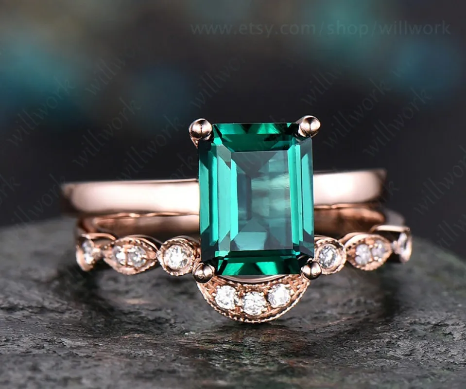 Green Emerald engagement ring set 14k Rose gold-emerald ring gold handmade Diamond ring May birthstone ring 2pcs emerald matching bridal set sold by Willwork Jewelry