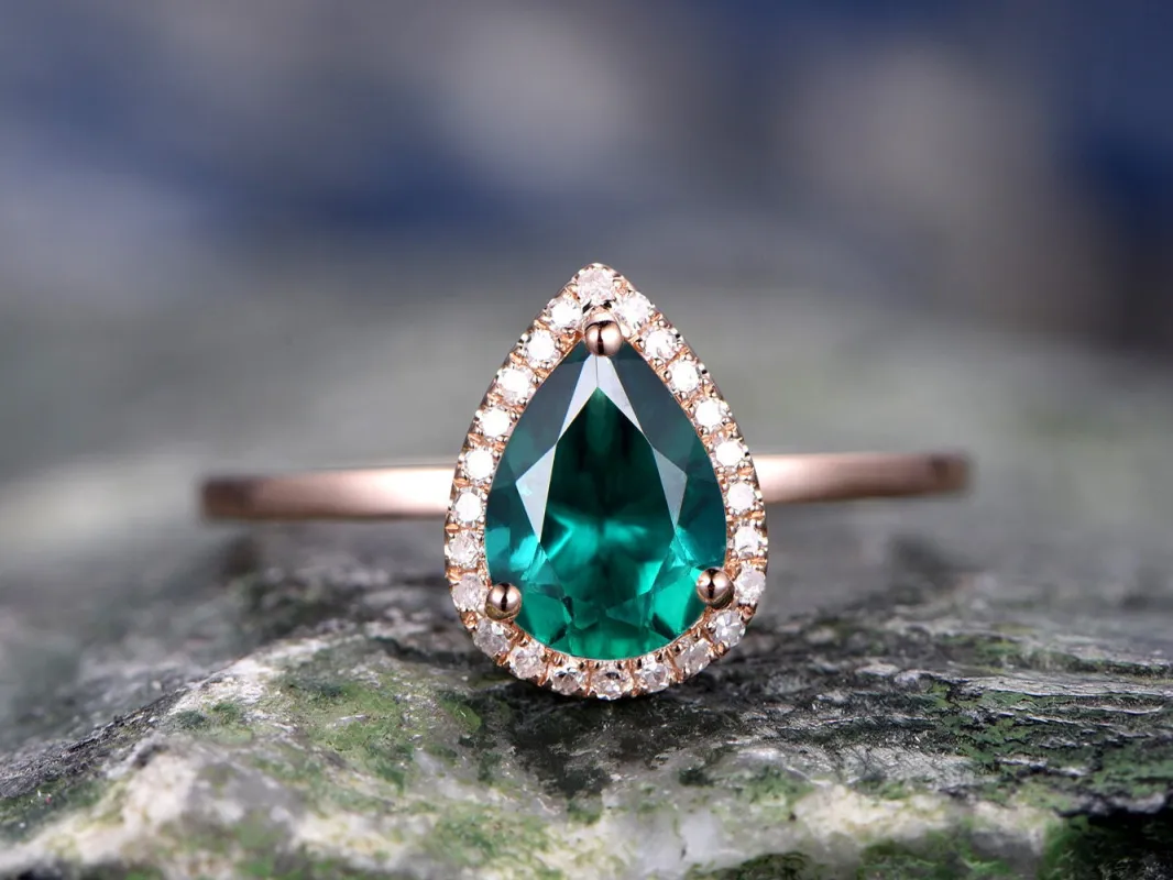 Pear cut emerald engagement ring rose gold real diamond halo ring May birthstone ring emerald wedding ring anniversary ring jewelry gift sold by Willwork Jewelry