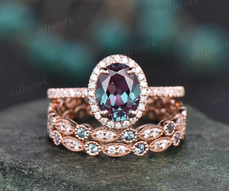 3pcs oval shaped Alexandrite engagement ring set for women full eternity diamond ring halo ring unique Alexandrite wedding band bridal set sold by Willwork Jewelry