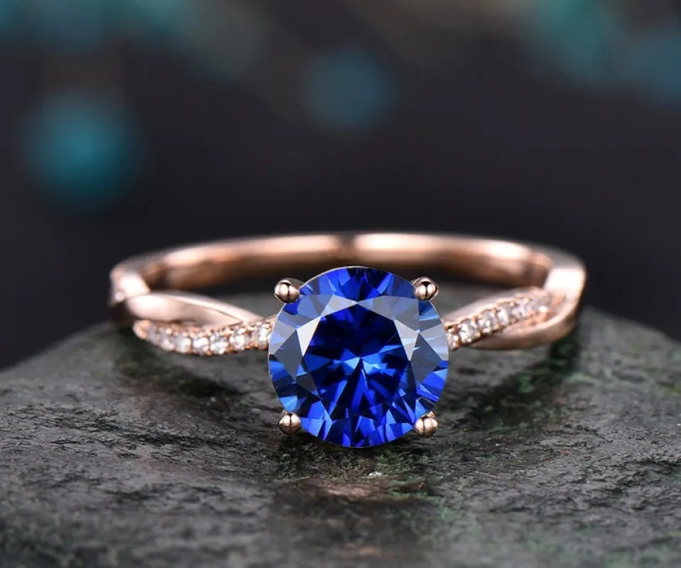 7mm round blue sapphire engagement ring solid 14k rose gold twisted real dianond ring September birthstone ring bridal wedding promise ring sold by Willwork Jewelry