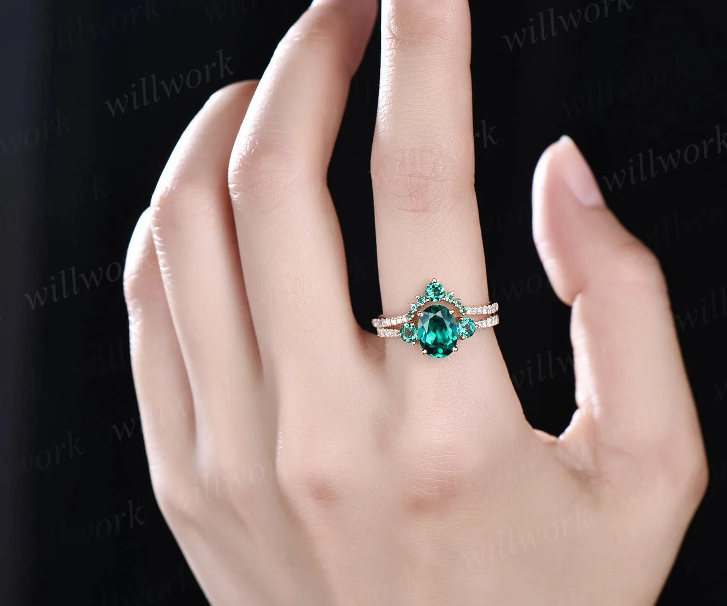 Oval emerald engagement ring set for women vintage emerald bridal set solid rose gold unique dainty jewelry wedding ring diamond ring gift sold by Willwork Jewelry product image thumbnail 2