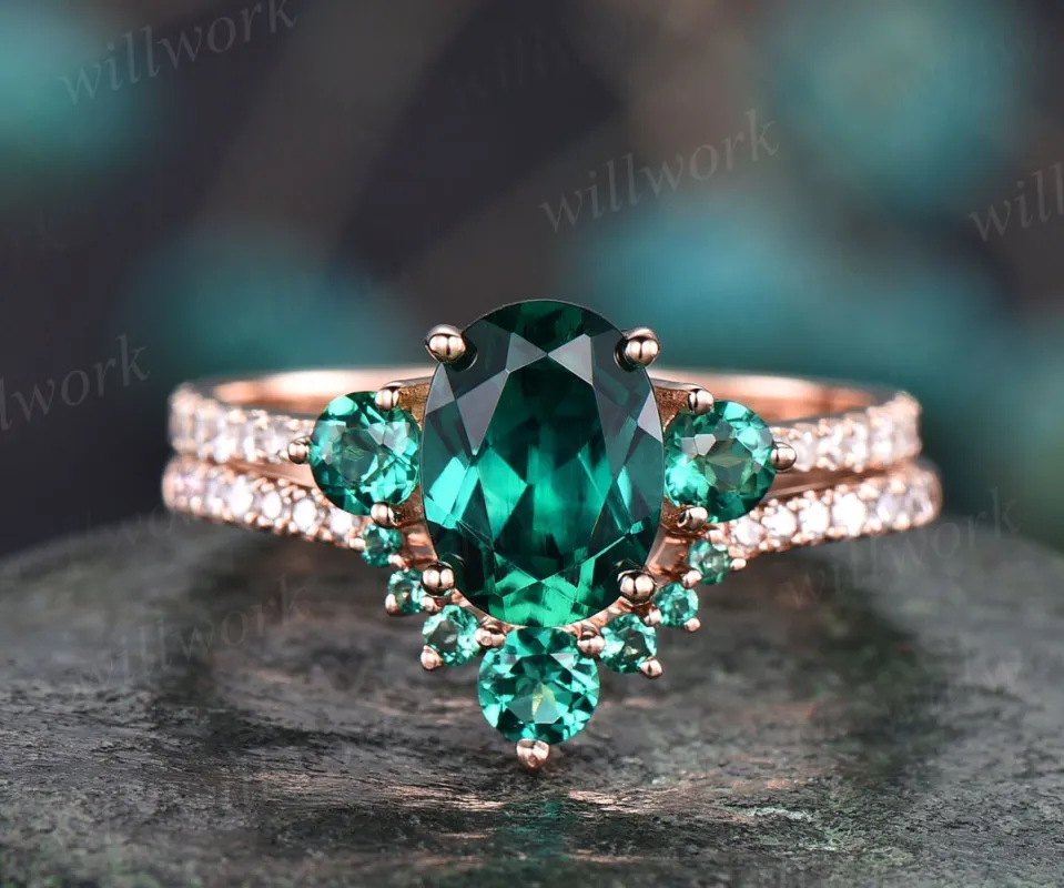 Oval emerald engagement ring set for women vintage emerald bridal set solid rose gold unique dainty jewelry wedding ring diamond ring gift sold by Willwork Jewelry