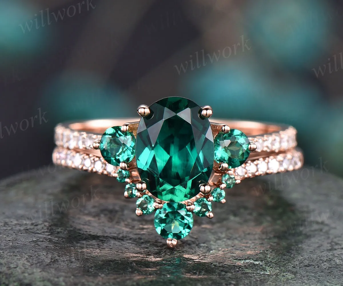 Oval emerald engagement ring set for women vintage emerald bridal set solid rose gold unique dainty jewelry wedding ring diamond ring gift sold by Willwork Jewelry
