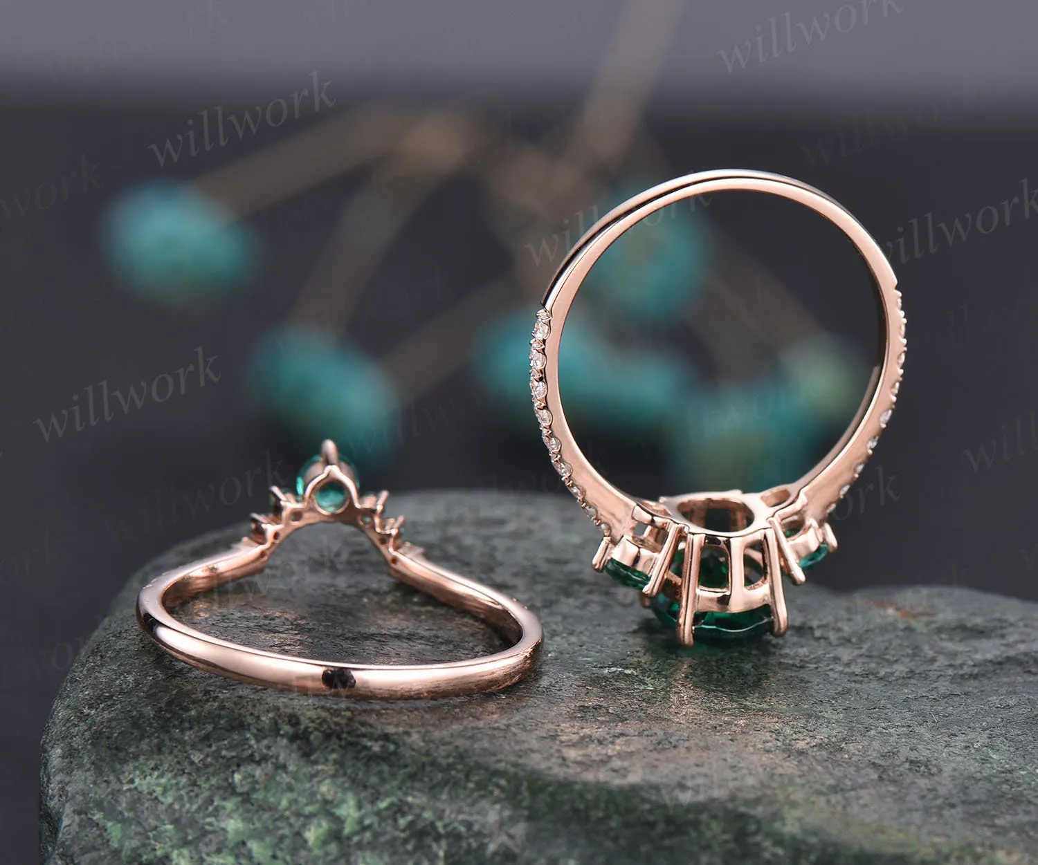 Oval emerald engagement ring set for women vintage emerald bridal set solid rose gold unique dainty jewelry wedding ring diamond ring gift sold by Willwork Jewelry product image thumbnail 5