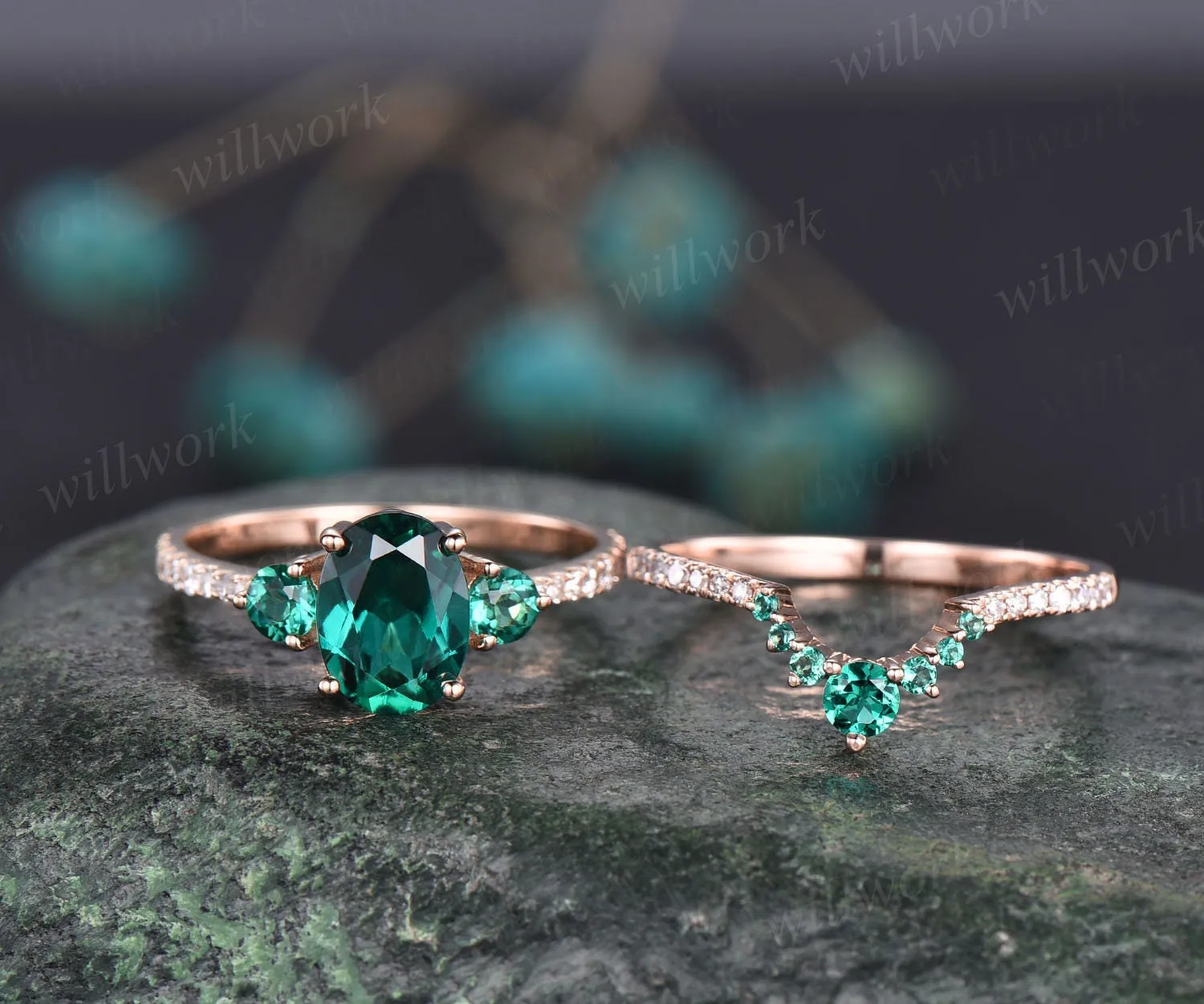 Oval emerald engagement ring set for women vintage emerald bridal set solid rose gold unique dainty jewelry wedding ring diamond ring gift sold by Willwork Jewelry product image thumbnail 3