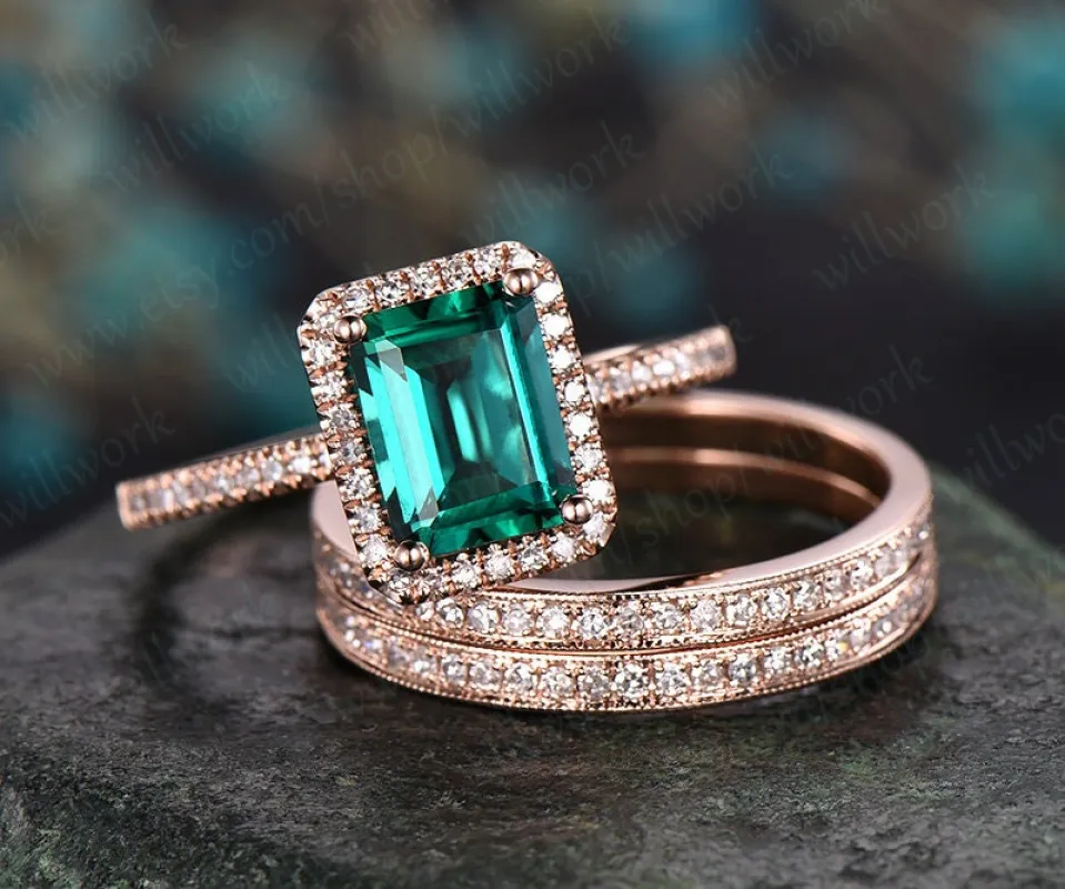 3pcs diamond halo ring emerald cut emerald engagement ring set rose gold May birthstone stacking vintage unique bridal wedding ring set gift sold by Willwork Jewelry