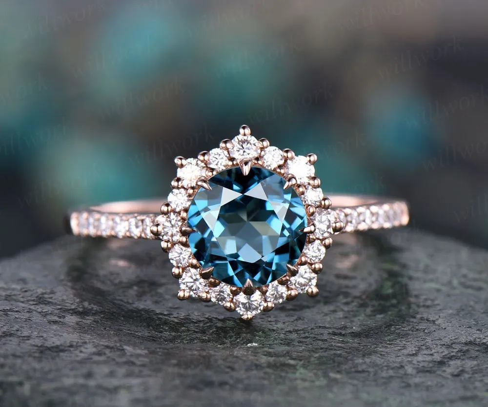 Cluster moissanite halo ring London blue topaz engagement ring rose gold topaz ring gold women vintage gold wedding November birthstone ring sold by Willwork Jewelry