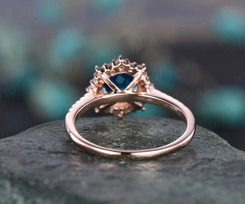 Cluster moissanite halo ring London blue topaz engagement ring rose gold topaz ring gold women vintage gold wedding November birthstone ring sold by Willwork Jewelry product image thumbnail 3