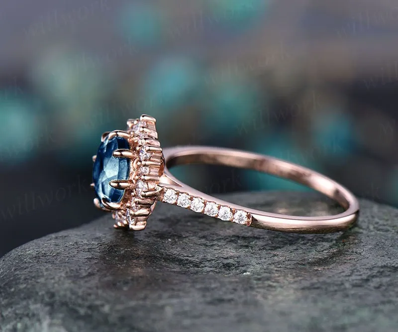 Cluster moissanite halo ring London blue topaz engagement ring rose gold topaz ring gold women vintage gold wedding November birthstone ring sold by Willwork Jewelry product image thumbnail 4