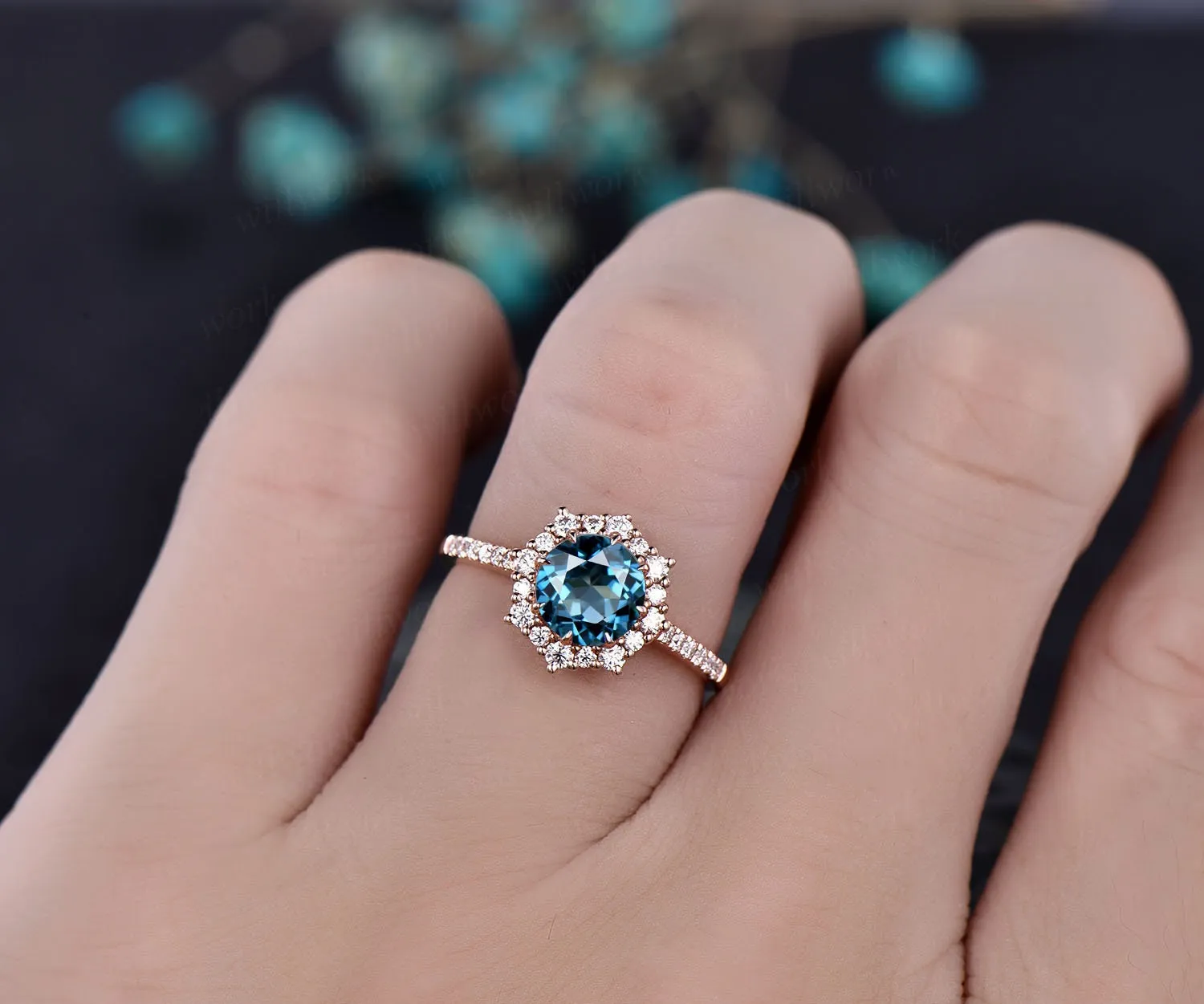 Cluster moissanite halo ring London blue topaz engagement ring rose gold topaz ring gold women vintage gold wedding November birthstone ring sold by Willwork Jewelry product image thumbnail 2