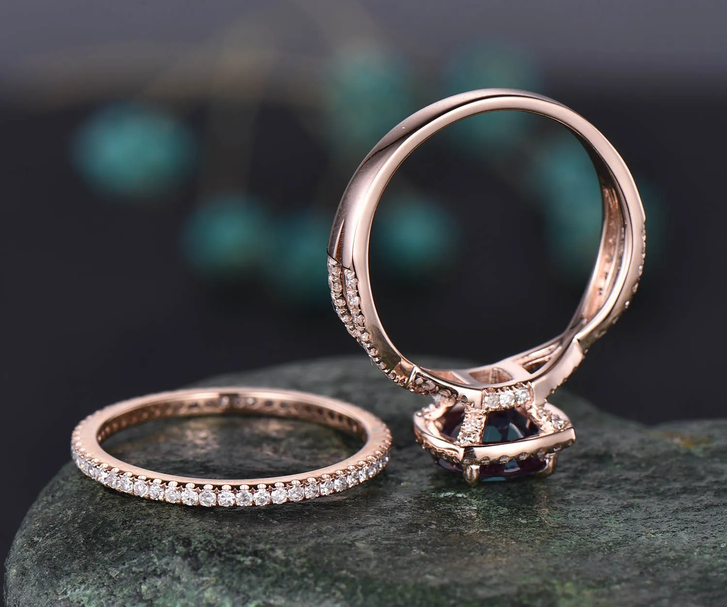 Unique infinity halo engagement ring 2pcs round Alexandrite engagement ring set rose gold full eternity diamond wedding band bridal set sold by Willwork Jewelry product image thumbnail 4