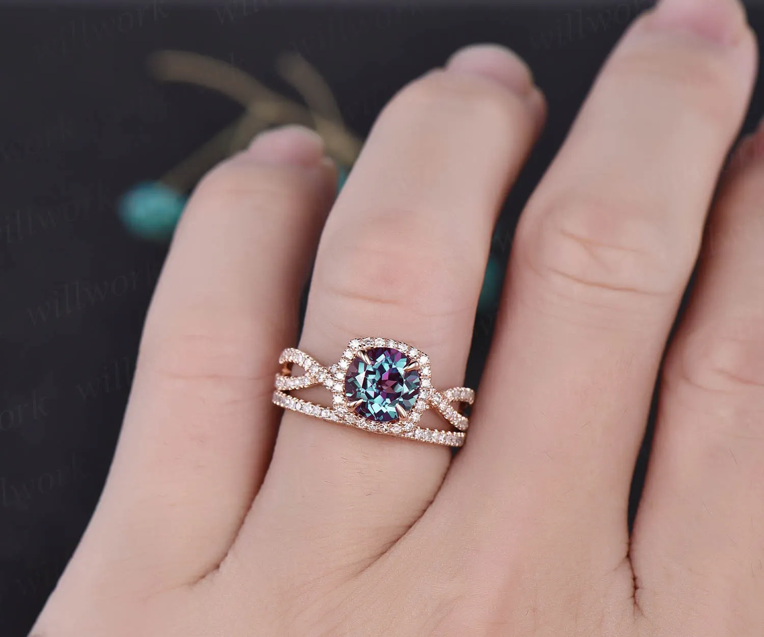 Unique infinity halo engagement ring 2pcs round Alexandrite engagement ring set rose gold full eternity diamond wedding band bridal set sold by Willwork Jewelry product image thumbnail 3