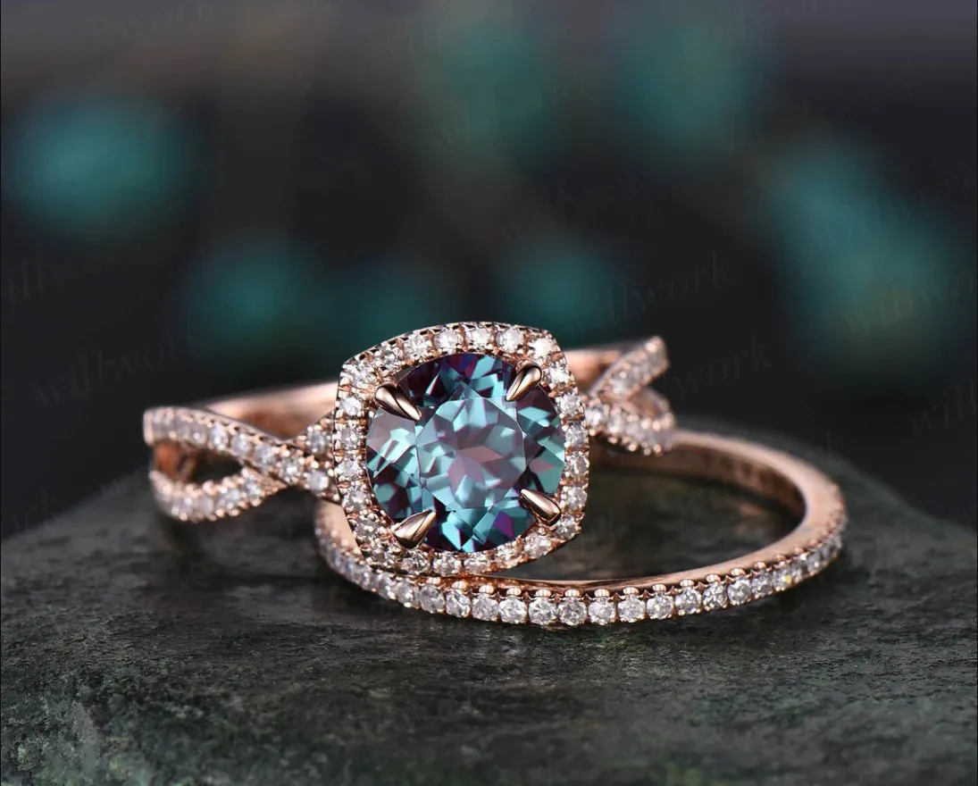 Unique infinity halo engagement ring 2pcs round Alexandrite engagement ring set rose gold full eternity diamond wedding band bridal set sold by Willwork Jewelry product image thumbnail 2