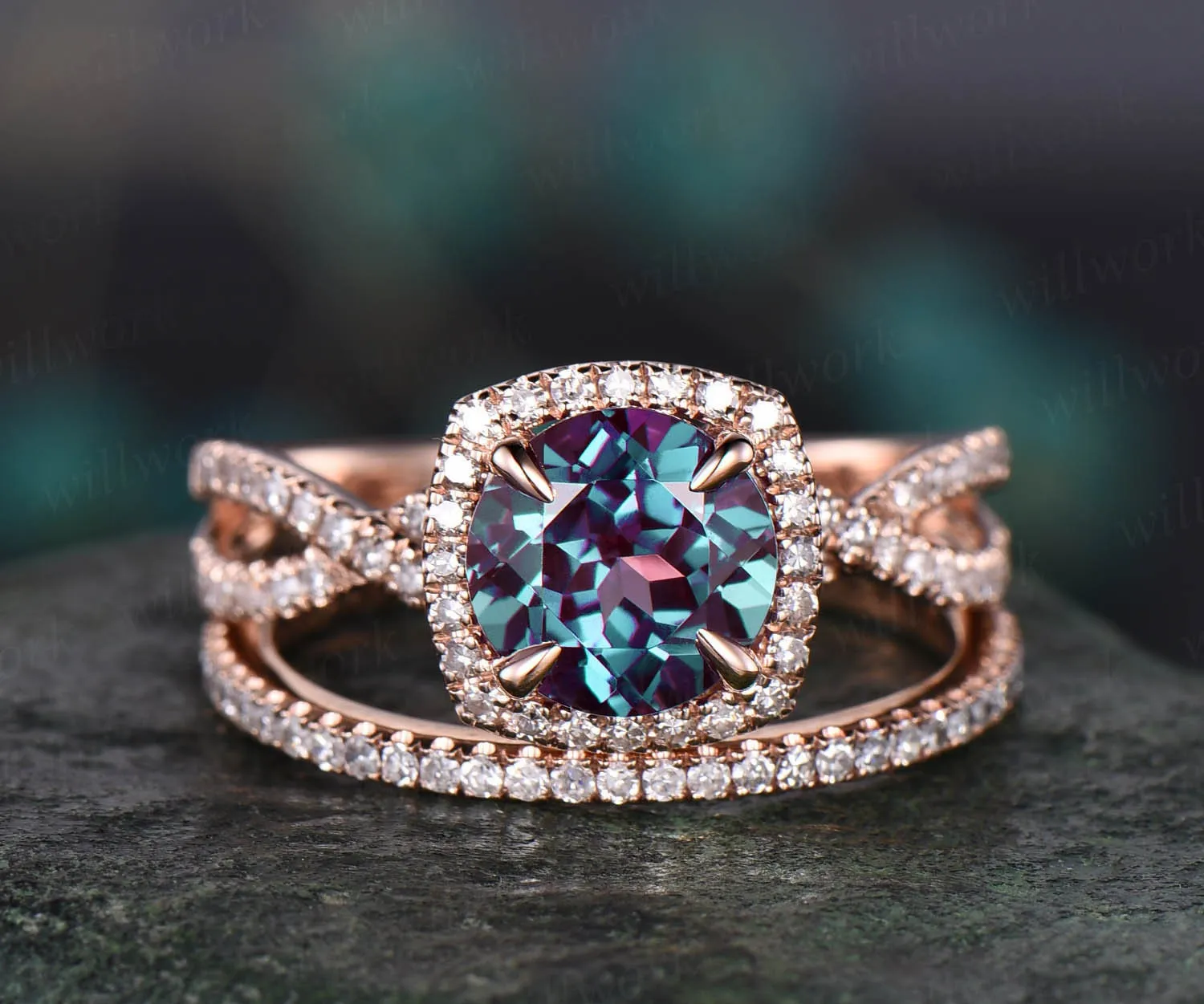Unique infinity halo engagement ring 2pcs round Alexandrite engagement ring set rose gold full eternity diamond wedding band bridal set sold by Willwork Jewelry
