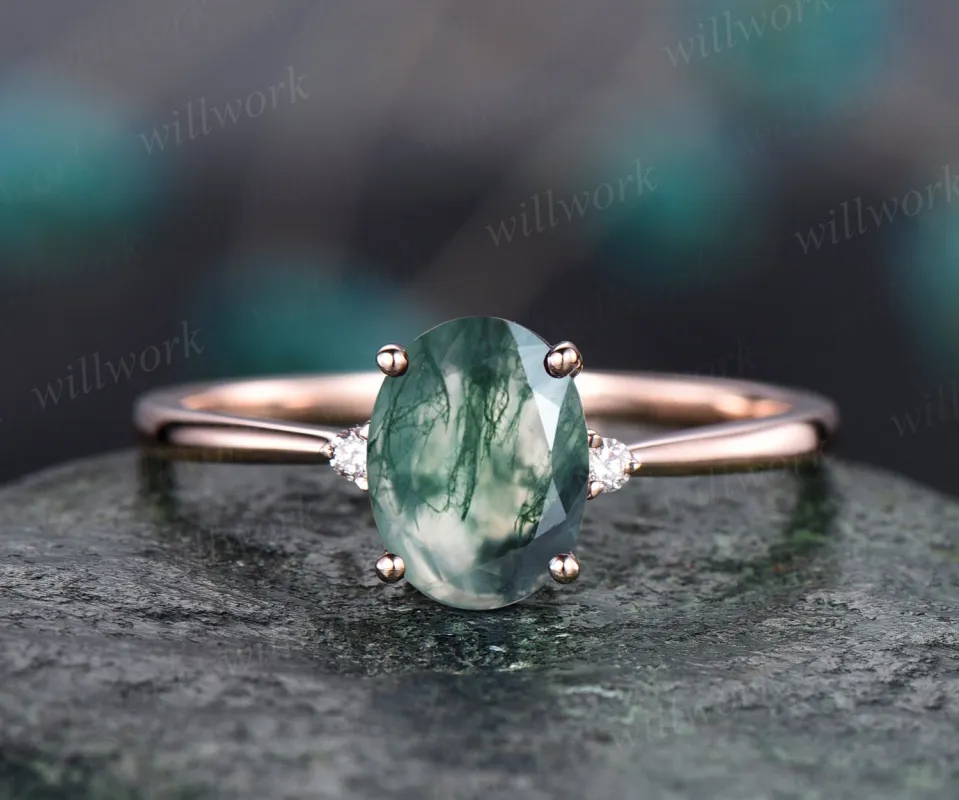 Oval shaped moss agate ring three stone ring dainty diamond ring vintage moss agate engagement ring rose gold ring for women jewelry gift sold by Willwork Jewelry