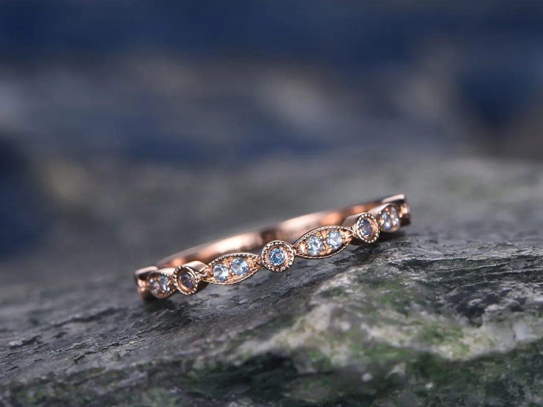blue topaz wedding ring rose gold marquise diamond ring half eternity art deco matching stacking band tiny stones promise ring gift for her sold by Willwork Jewelry