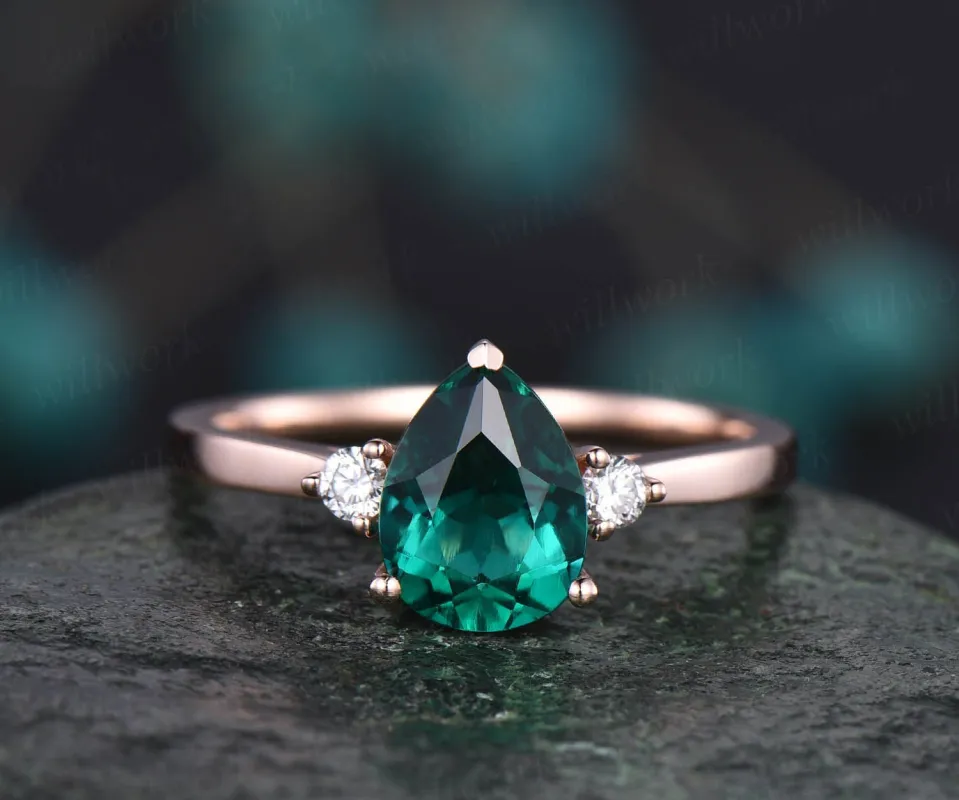 Pear shaped emerald engagement ring three stone ring diamond ring for women solid rose gold vintage unique ring May birthstone ring gift sold by Willwork Jewelry
