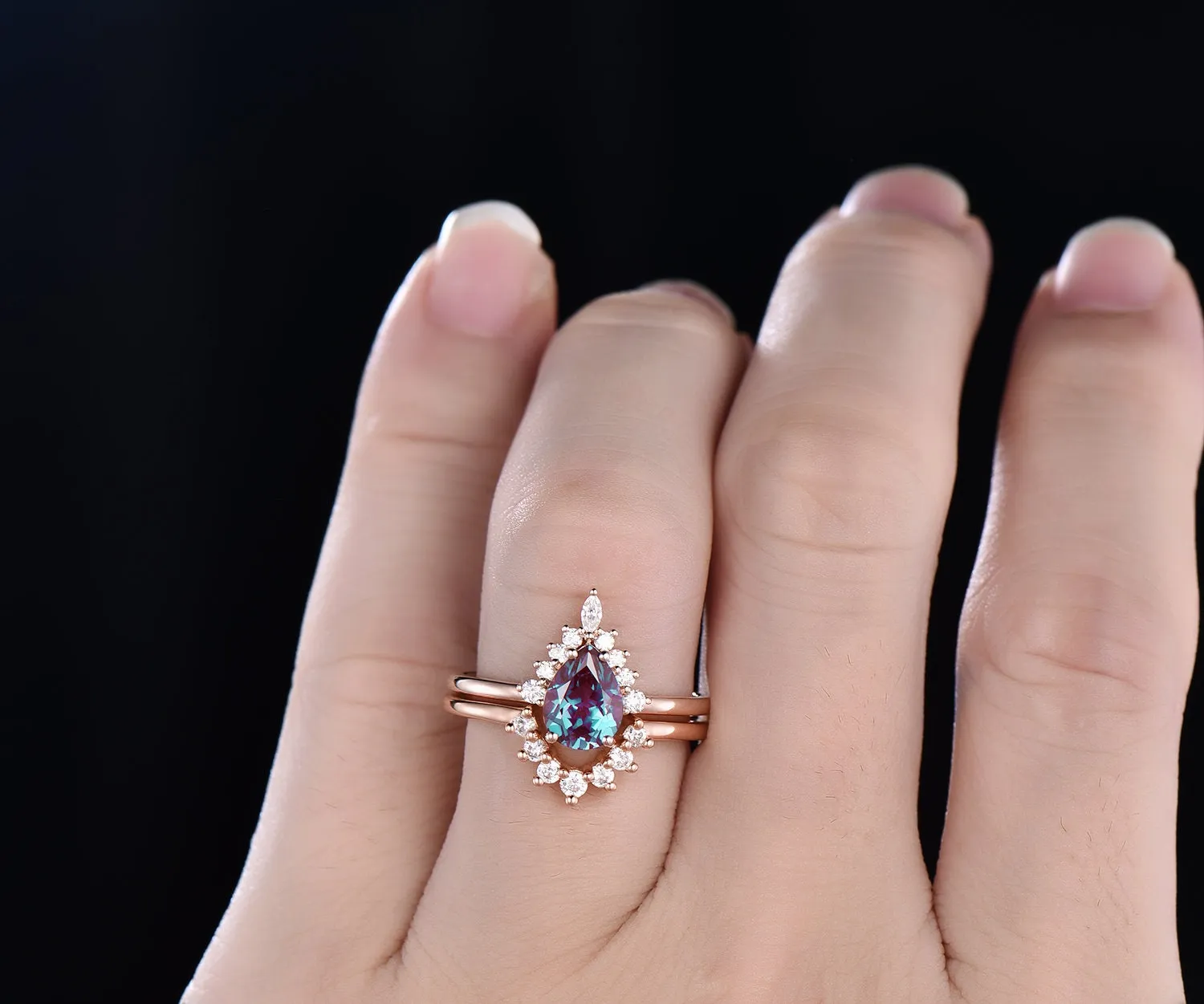 Vintage pear shaped Alexandrite engagement ring set rose gold art deco halo moissanite ring set unique bridal wedding ring set for women sold by Willwork Jewelry product image thumbnail 2